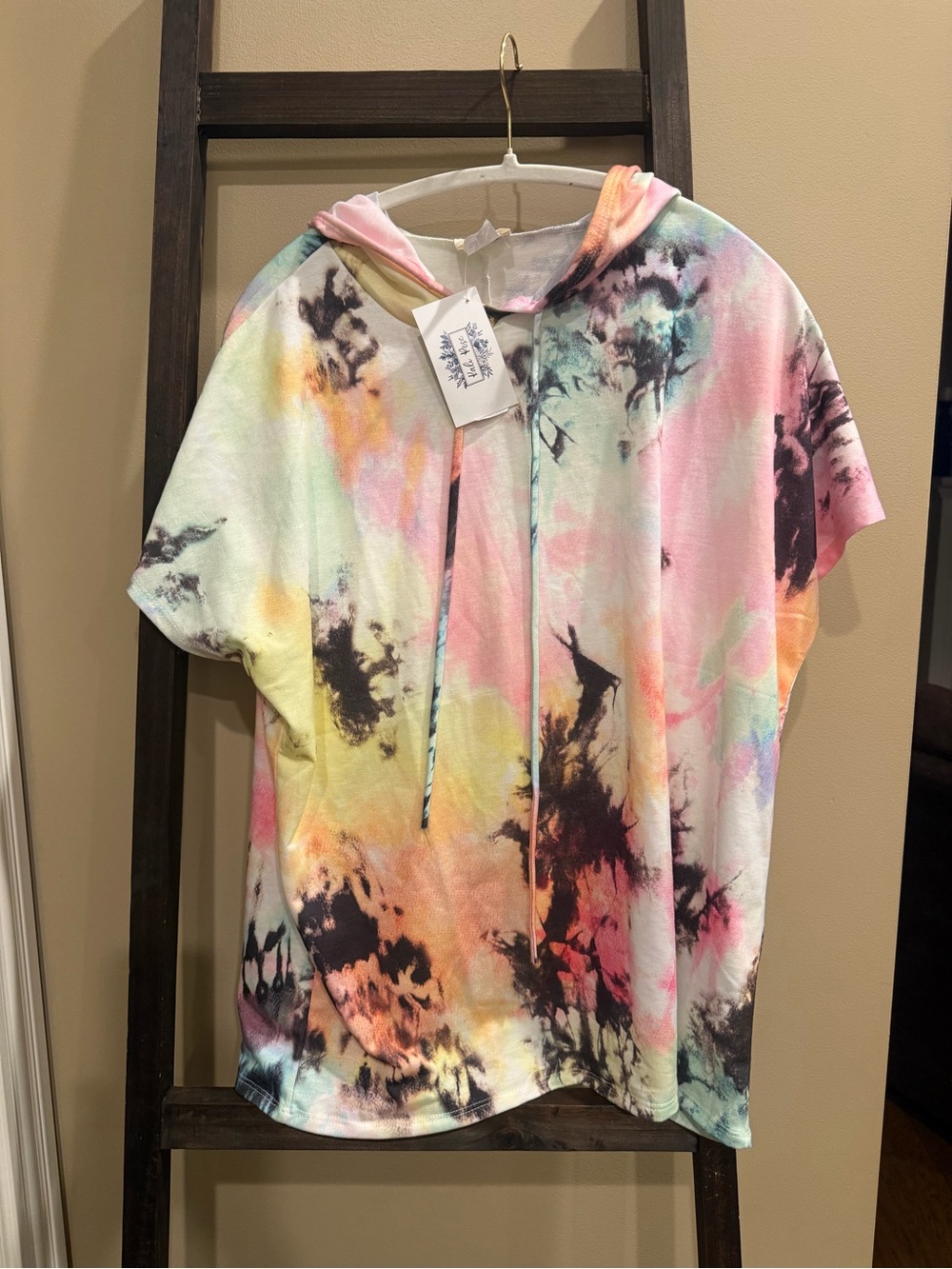 BiBi Multicolor Tie-Dye Hooded Short Sleeve Top